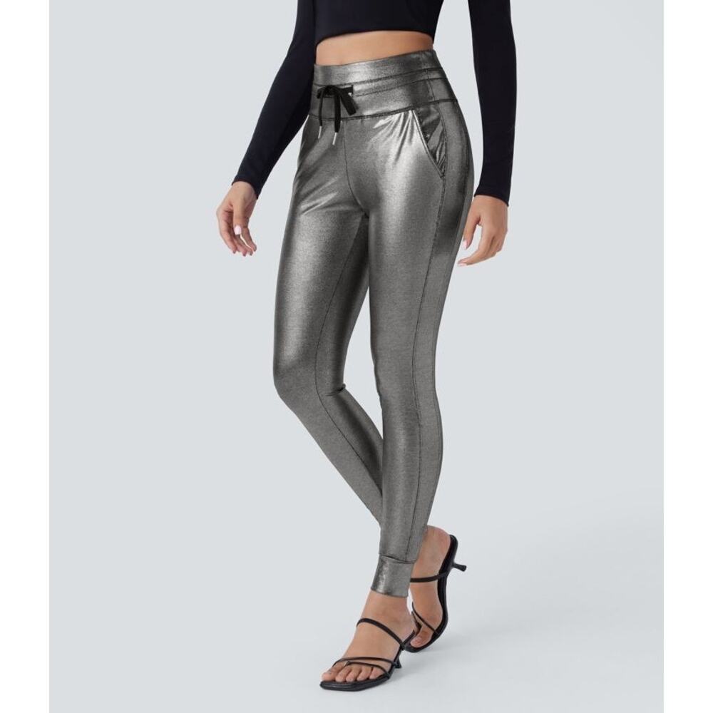 NEW Halara Faux Leather Sparkle Joggers High Waisted Stretchy Metallic Luxe Pant